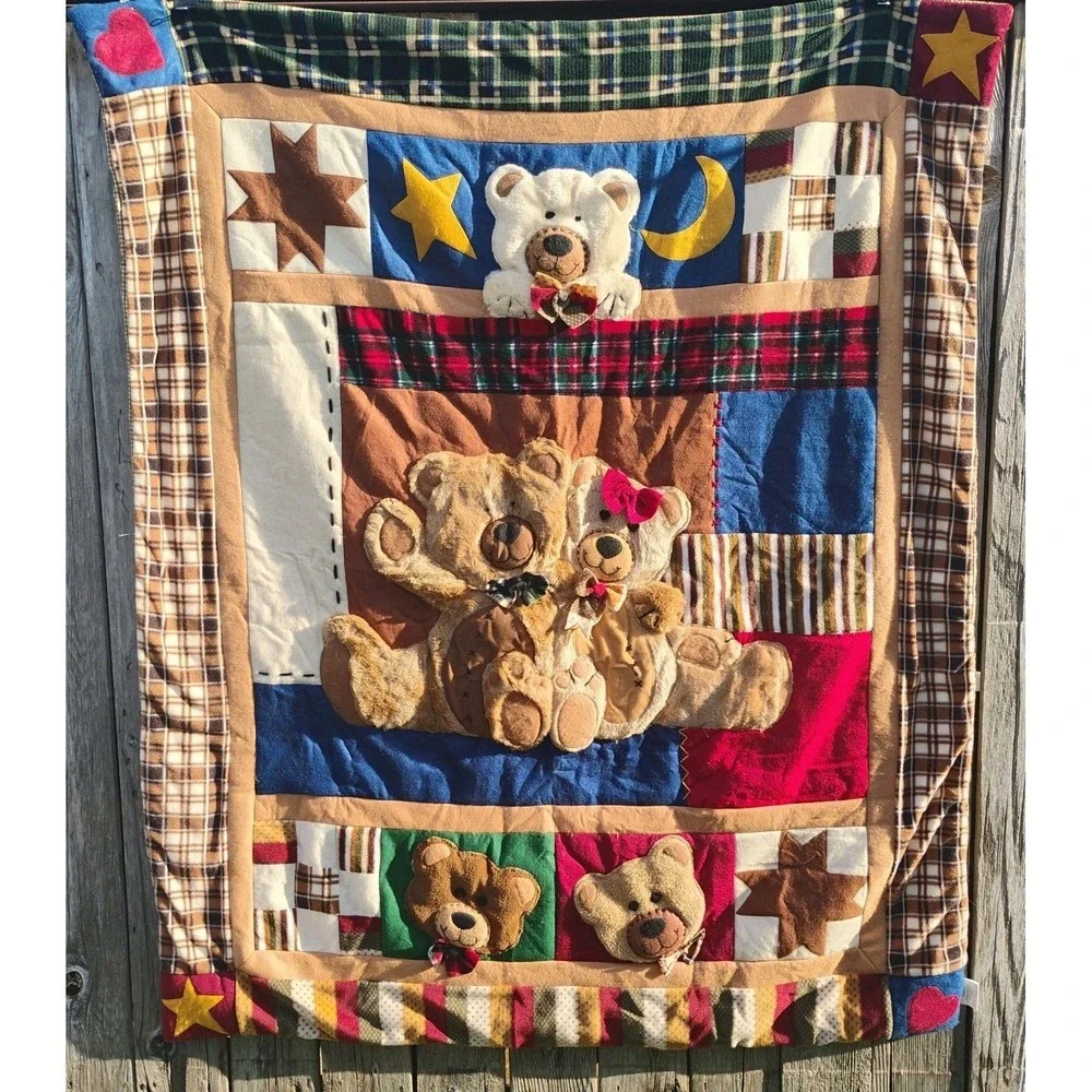 Bear Creations HTF Design3D Plush Quilted Patchwork Teddy Bears Throw Size 49x60